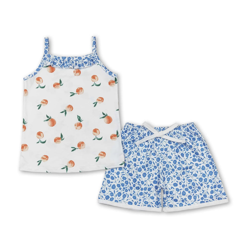 RTS NO MOQ Sibling milk silk Baby Girls Cute Peach Fruit Print Spaghetti Straps Top And Elastic Waist Shorts Set Rompers