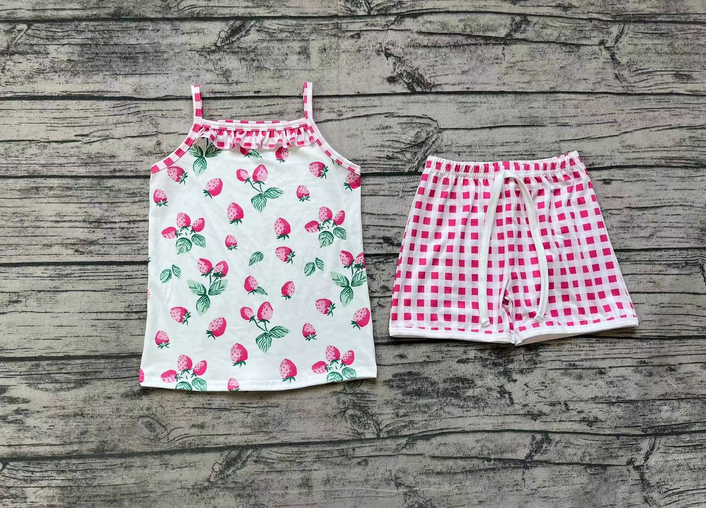 GSSO0866 pre-order baby girl clothes Strawberry Sleeveless Plaid Shorts Set