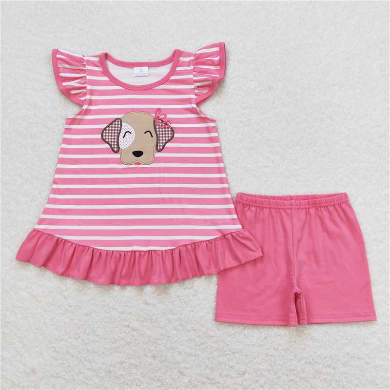 RTS Embroidered Puppy Blue Striped Fly Sleeve Pink Shorts Set