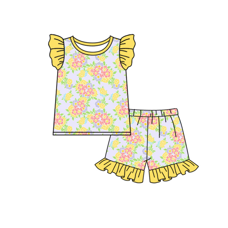 GSSO0880 girls yellow flower flying sleeve with pocket shorts pajama suit