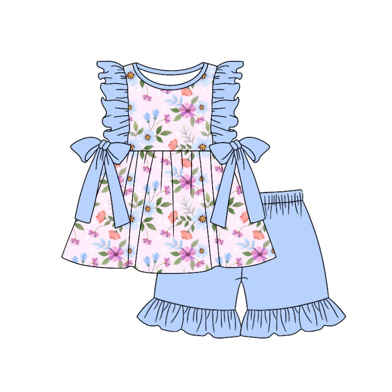 GSSO0893 pre-order baby girl clothes light blue flower summer outfit custom moq 3 eta 6-8week