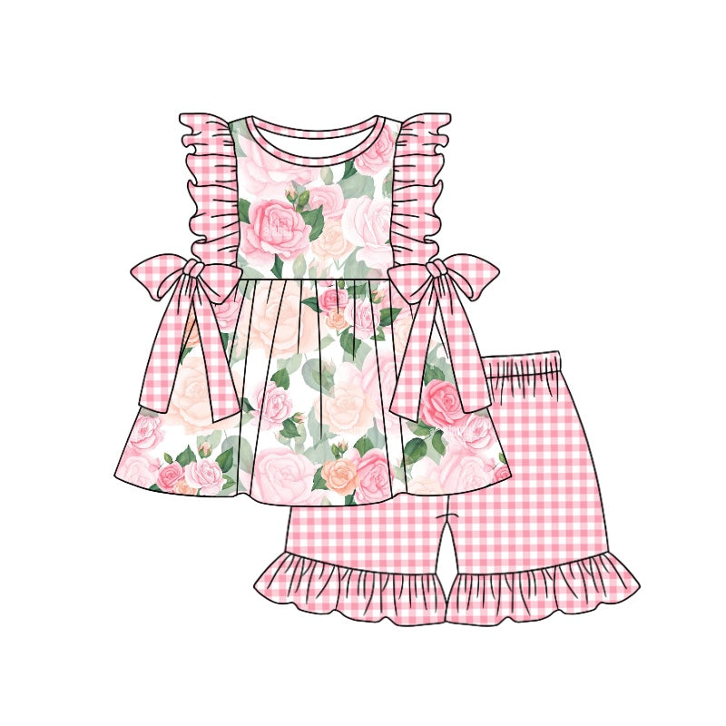 GSSO0894 pre-order baby girl clothes pink flower summer outfit custom moq 3 eta 6-8week