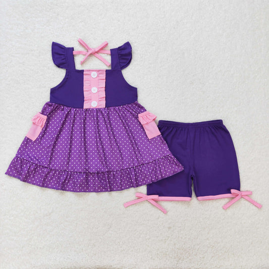 rts no moq GSSO0965 Pink lace pocket polka dot purple flying sleeve shorts suit