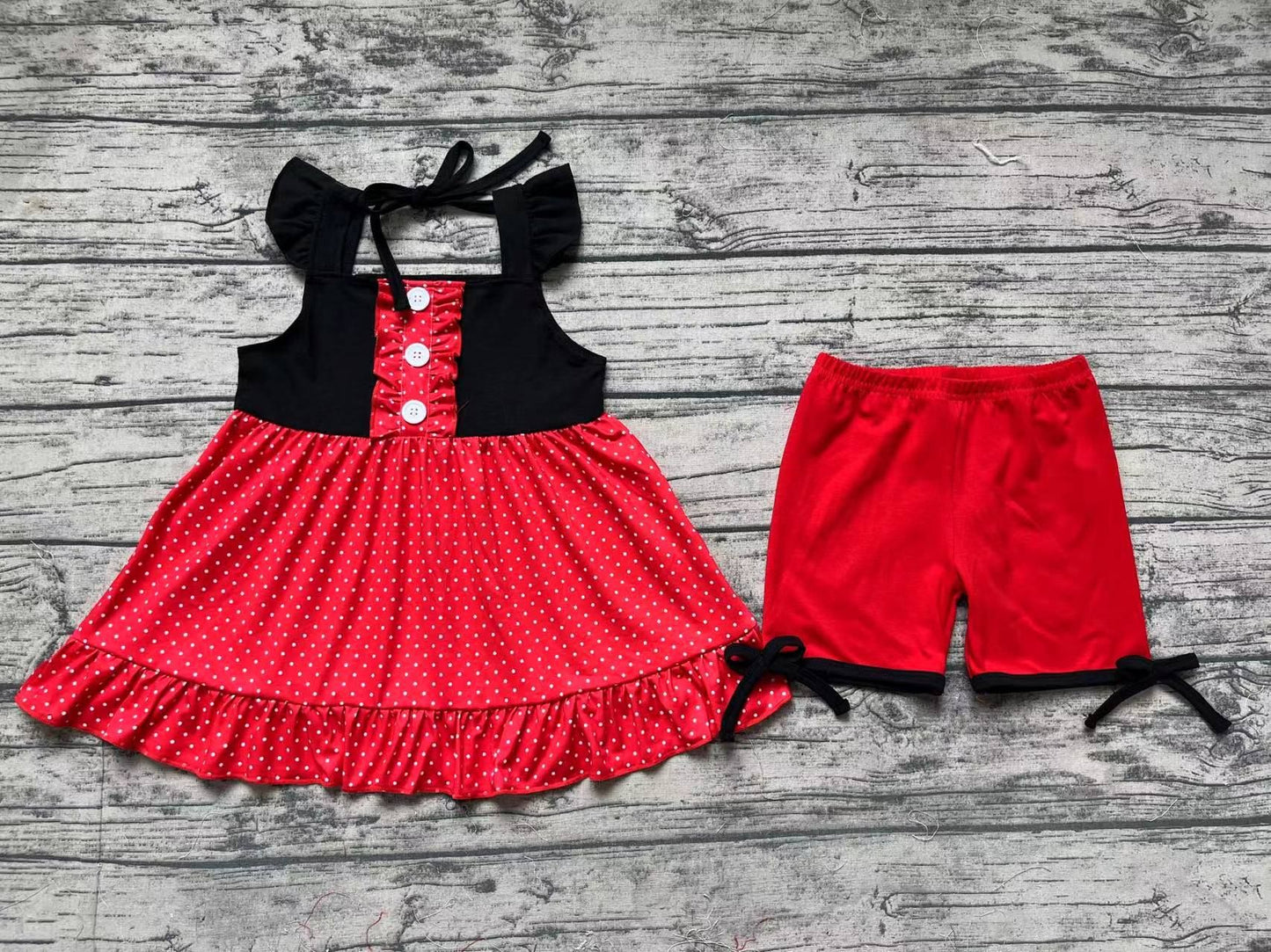 GSPO0969 pre-order baby girl clothes Red lace polka dot black flying sleeve shorts suit