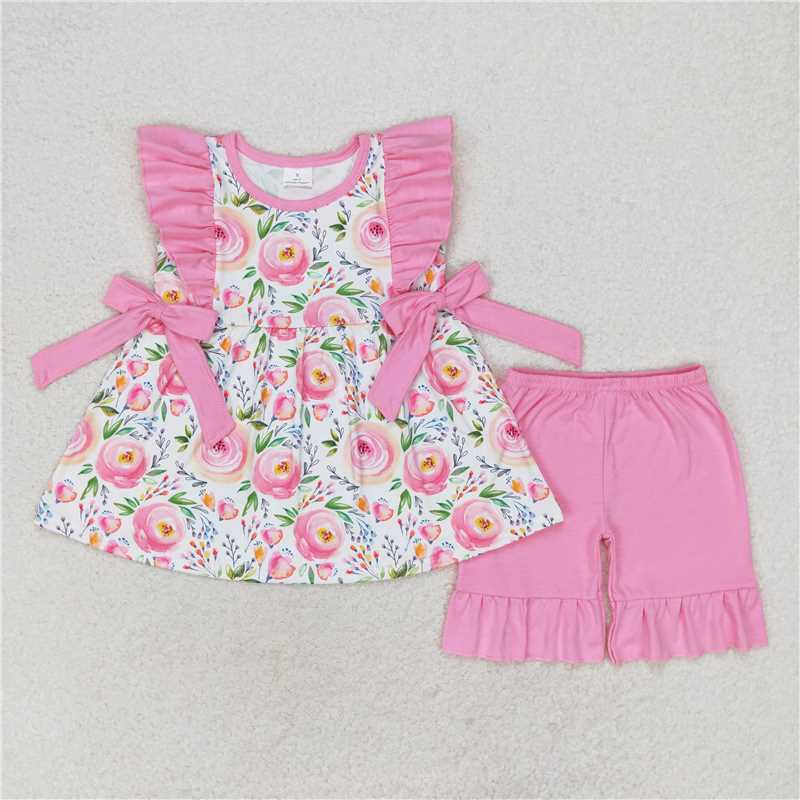 RTS NO MOQ baby Girls Clothes floral short sleeve shorts Sets and romper and dress