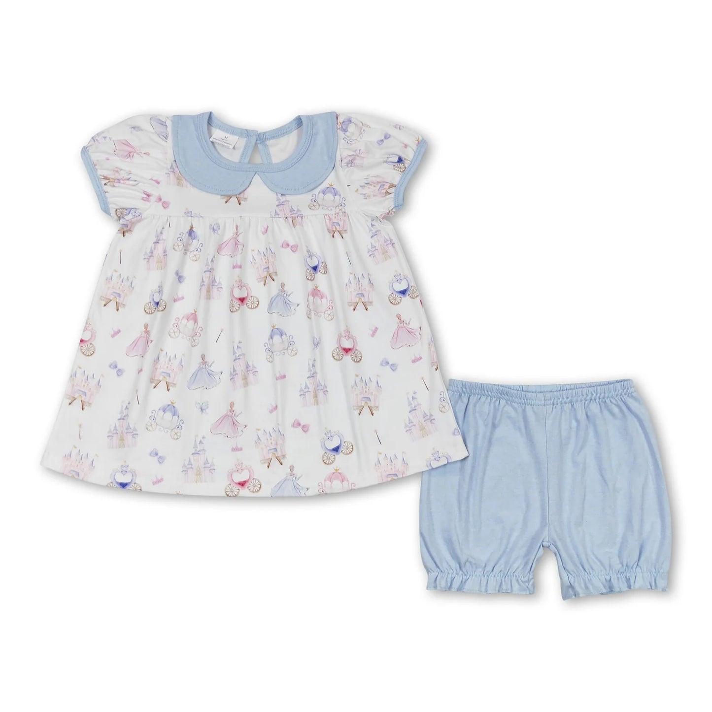 RTS NO MOQ Sibling milk silk Cute Clothes Baby Girls Print Ruffle Trim Tunic Top Matching Shorts Set Rompers