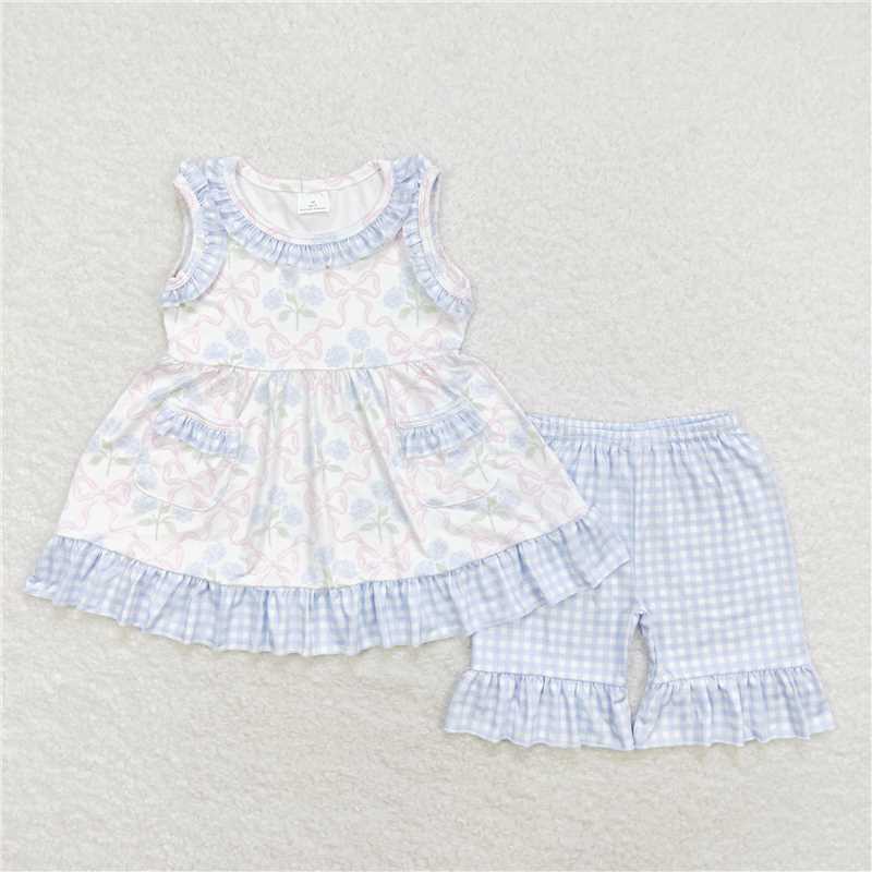 RTS no moq baby girls clothes floral bow Short Sleeve Shorts Set romper