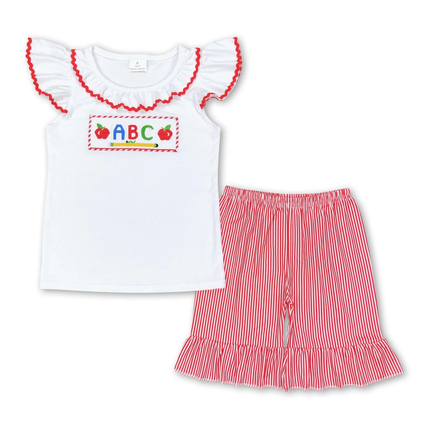 RTS NO MOQ Sibling milk silk Baby Girls Back To School Apple Pencil Print Tunic Top Shorts Set
