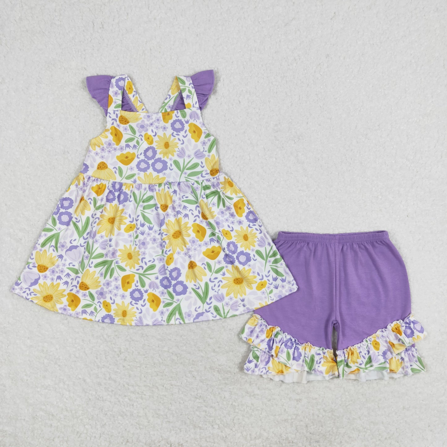 rts no moq GSSO1177 Pink and purple flower flying sleeve shorts suit