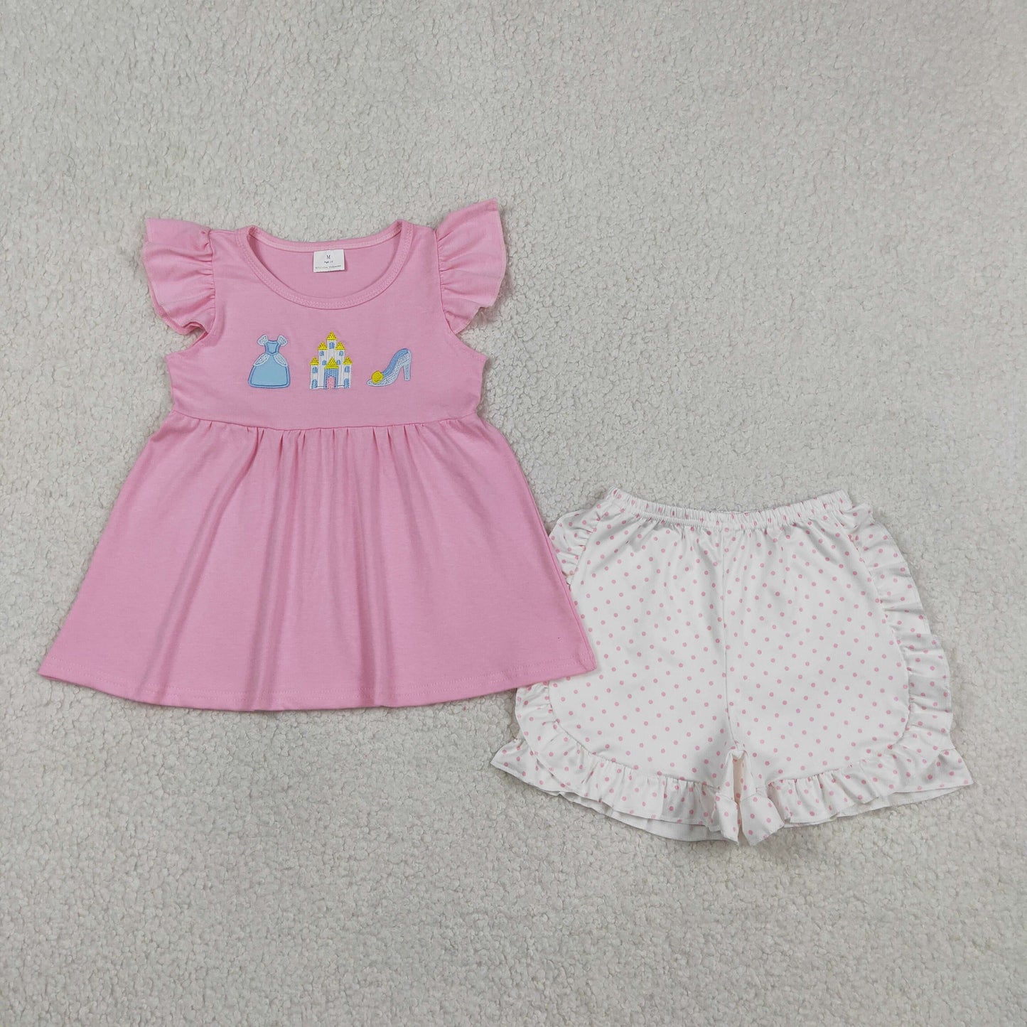 RTS NO MOQ GSSO1186 Cute Clothes Baby Girls Cute Embroidery Flutter Sleeve Tunic Short Set