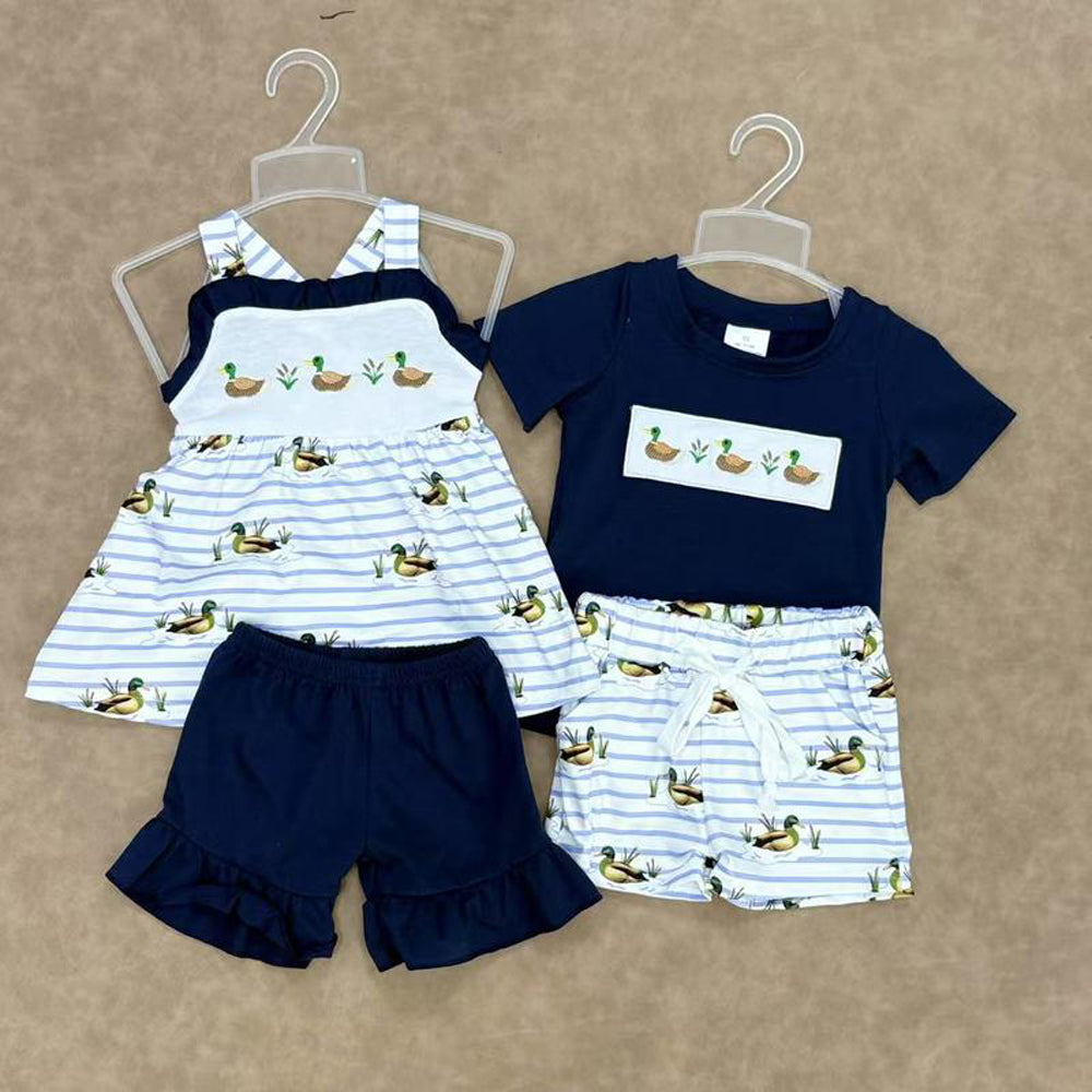 RTS NO MOQ Sibling baby boy girl clothes Duck blue short-sleeved shorts suits