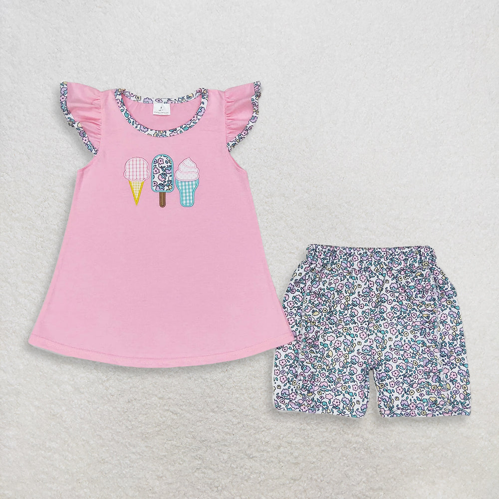 RTS NO MOQ Sibling Baby Girls Pink Flutter Sleeve Tunic with Shorts Clothing Set Cute Baby Outfit