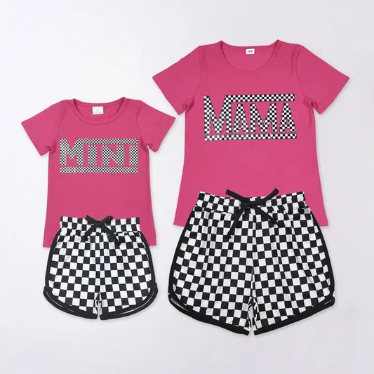 RTS NO MOQ Sibling Adult Girls clothes Short Sleeve black and white plaid Shorts Pajama Set & kids shorts sets