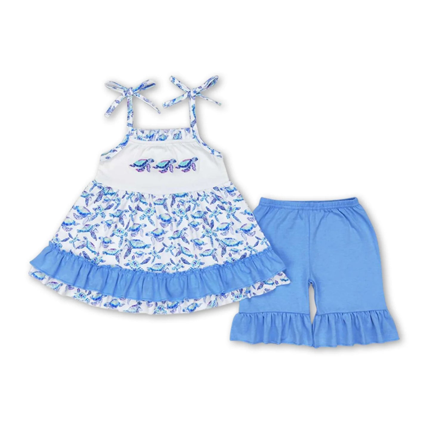 RTS NO MOQ Sibling milk silk Baby Boys And Girls Blue Turtles Tee Shirts Tops Shorts Clothes Sets Dress Rompers