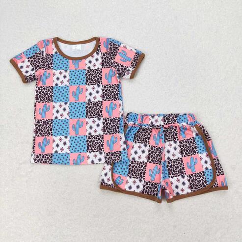 RTS NO MOQ Sibling Baby Girls Short Sleeve Pajamas Set Colorful Flowers Cactus Top with Shorts