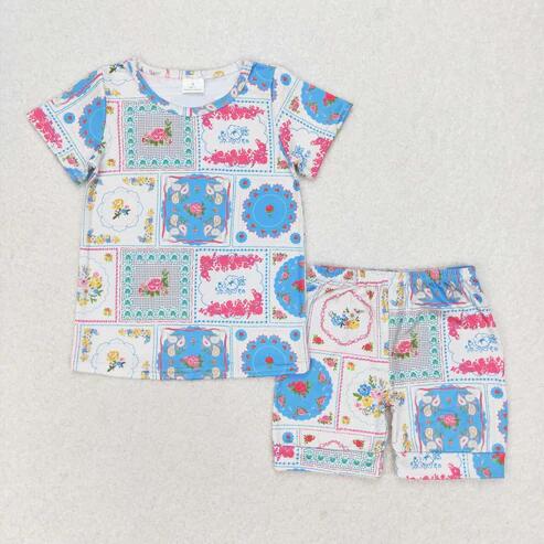 RTS NO MOQ Sibling Baby Girls Summer Clothes Set Short Sleeve Colorful Flowers Top with Shorts Cute Infant Outfit