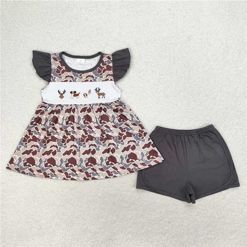 RTS NO MOQ（In Stock) Girls Embroidered Camouflage deer Dog Fly Sleeve Shorts Set