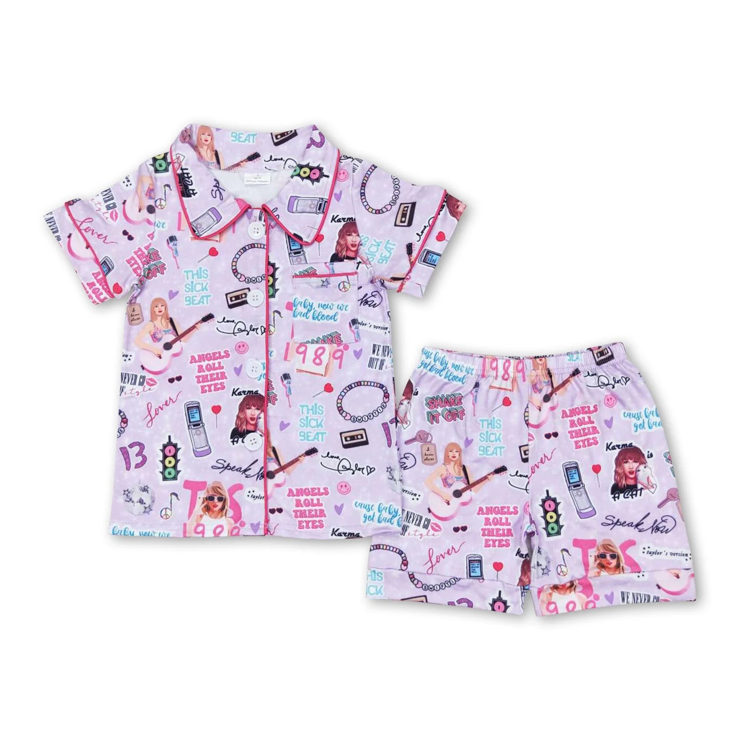 RTS NO MOQ Sibling milk silk Cute Clothes Baby Girls Pink Button Shirt Ruffle Shorts Pajama Set
