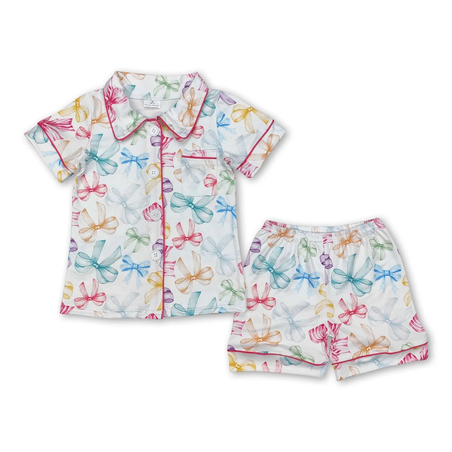RTS NO MOQ Sibling milk silk Baby Girls Colorful Bow Button Pocket Short Pajama Set