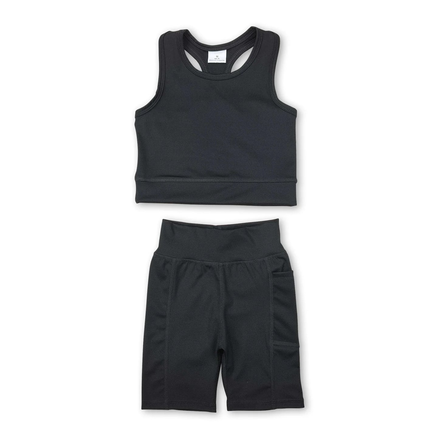 RTS NO MOQ Sibling yoga fabric cotton Baby Girls Top Shorts Clothes Set Dresses Skirts Black Athletic Active Wear