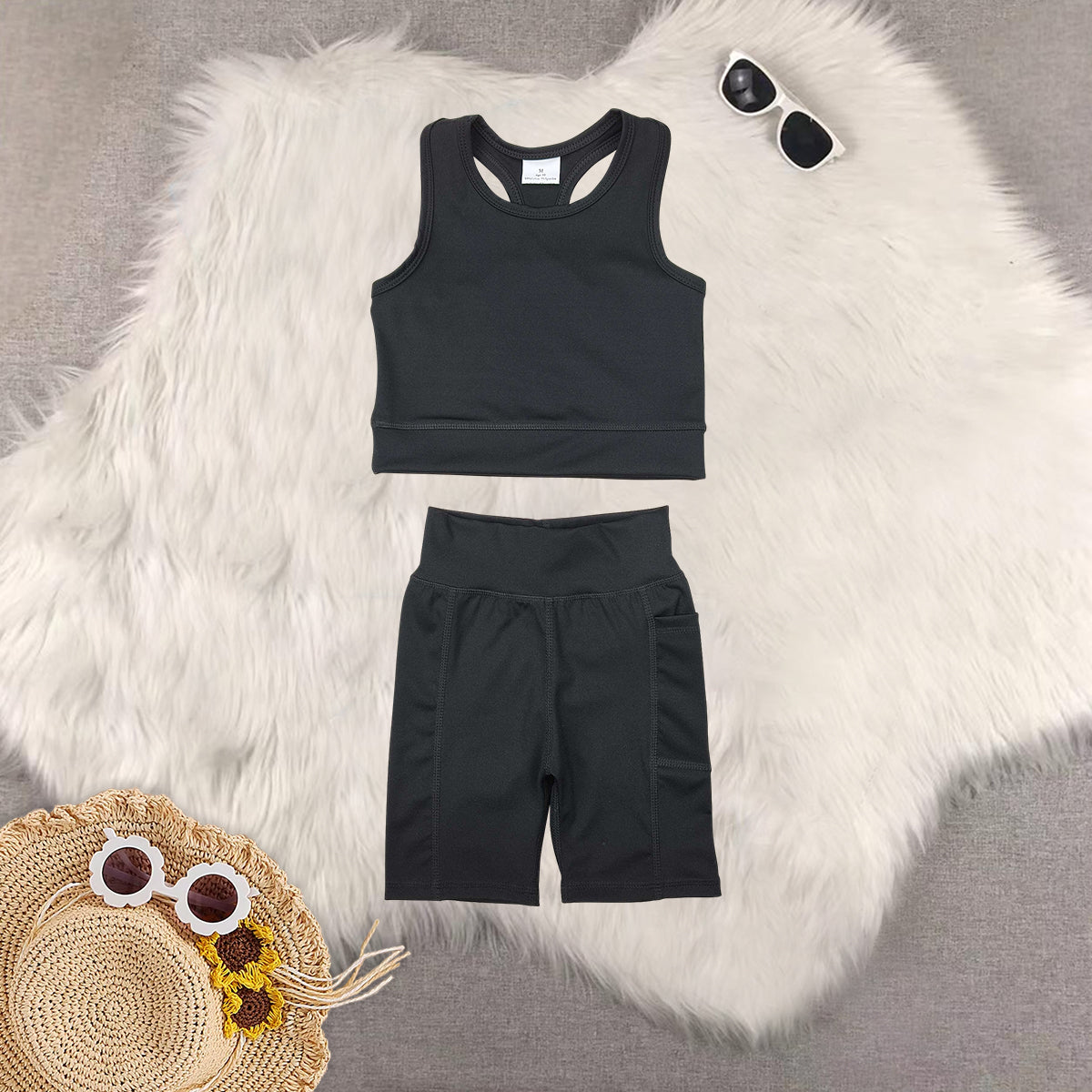 RTS NO MOQ Sibling baby girl clothes black sleeveless skirt yoga set and yoga dresses