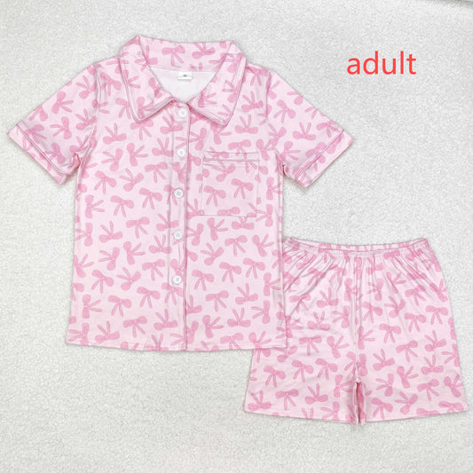RTS NO MOQ ETA 5/7days arrived GSSO1535 Adult female pink bow pattern short-sleeved shorts pajama set