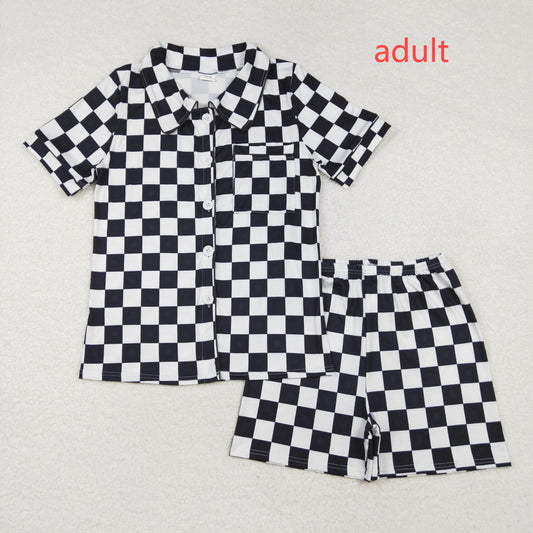RTS NO MOQ ETA 5/7days arrived GSSO1536 Adult Female Black and White Plaid Short Sleeve Shorts Pajama Set