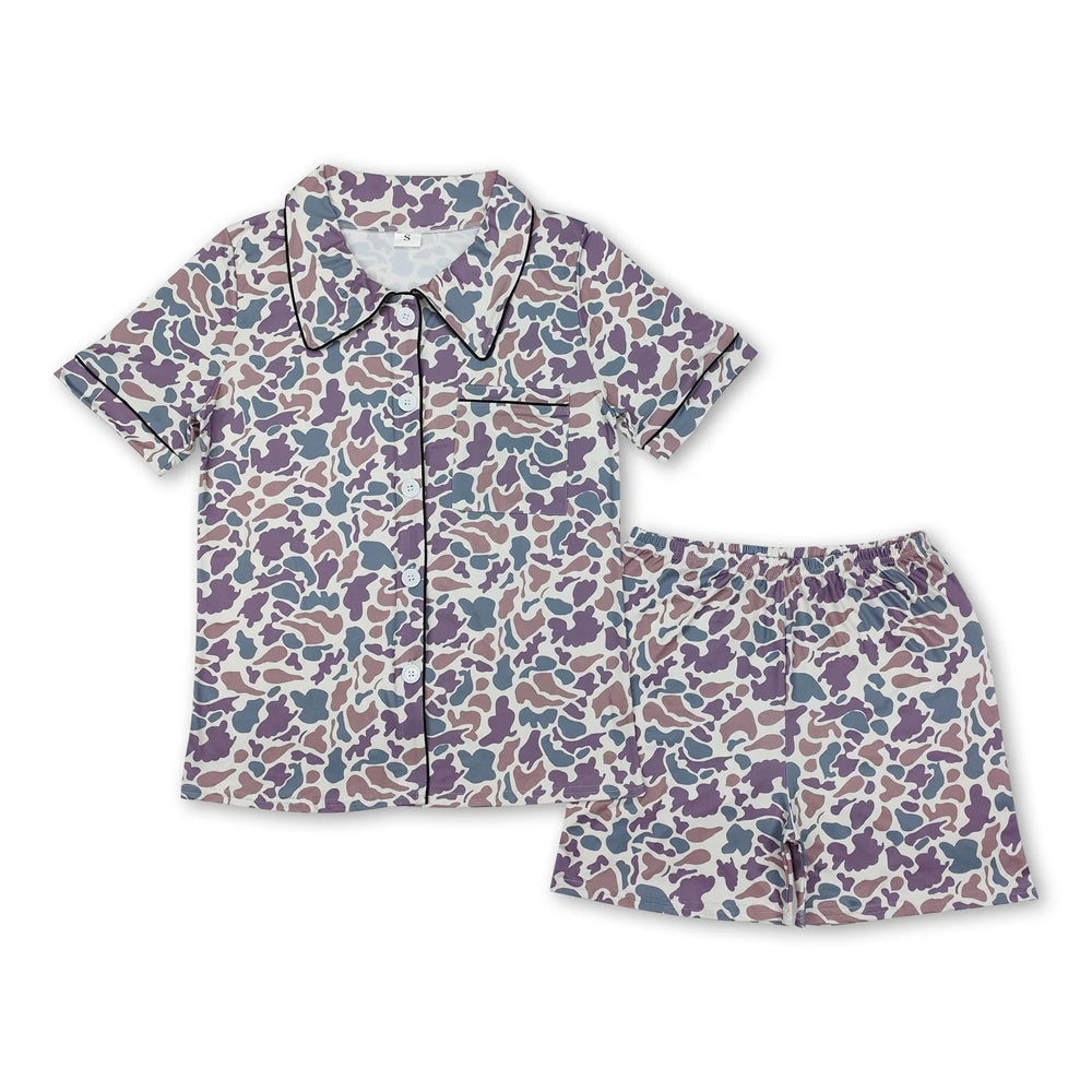 RTS NO MOQ Sibling milk silk Adult Women Camouflage Print Button Front Top Shorts Two Piece Pajama Clothes Set