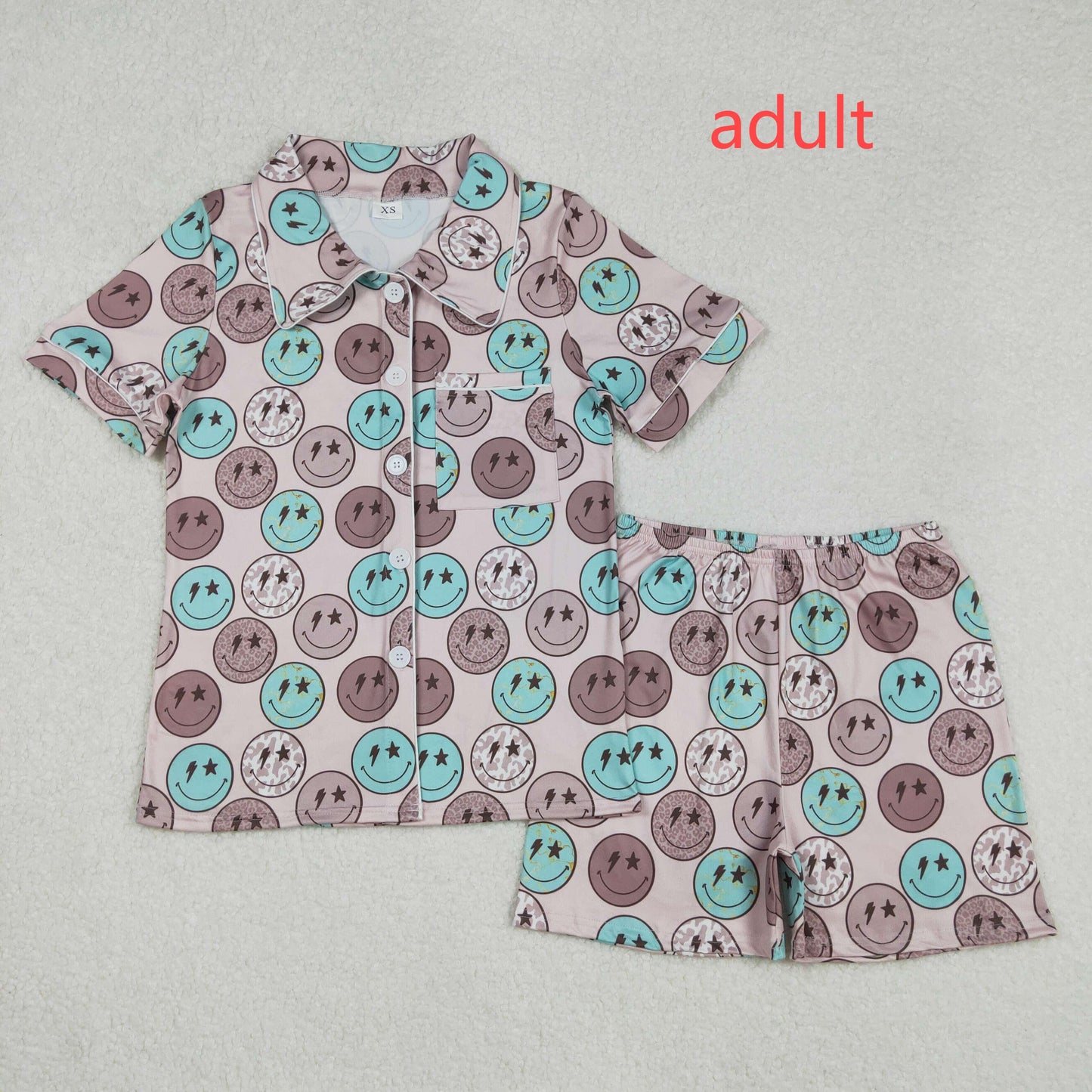 RTS NO MOQ Adult Girls smiley Short Sleeve Shorts Pajama Set & kids shorts sets