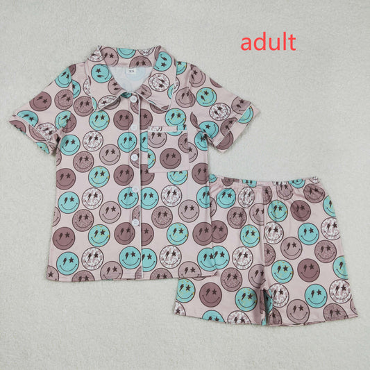 RTS NO MOQ ETA 5/7days arrived GSSO1546 Adult female star smiley brown short-sleeved shorts pajamas set