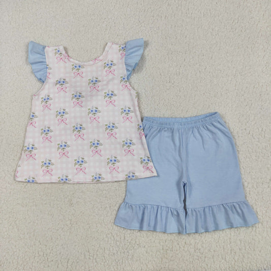 RTS NO MOQ GSSO1577 Pink plaid flying sleeves with flower and bow pattern and blue lace shorts set