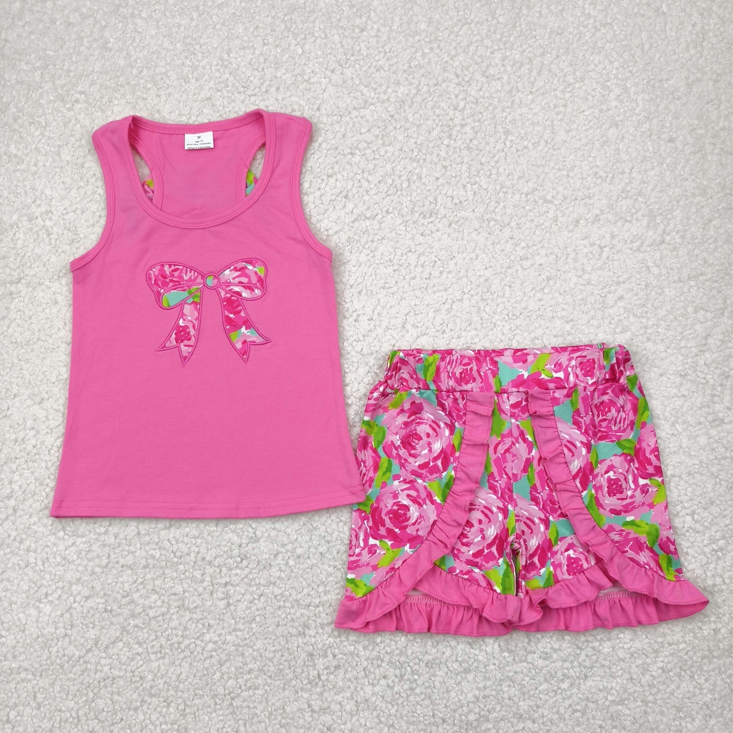 RTS NO MOQ GSSO1605 Embroidered flower leaf bow rose red vest shorts set
