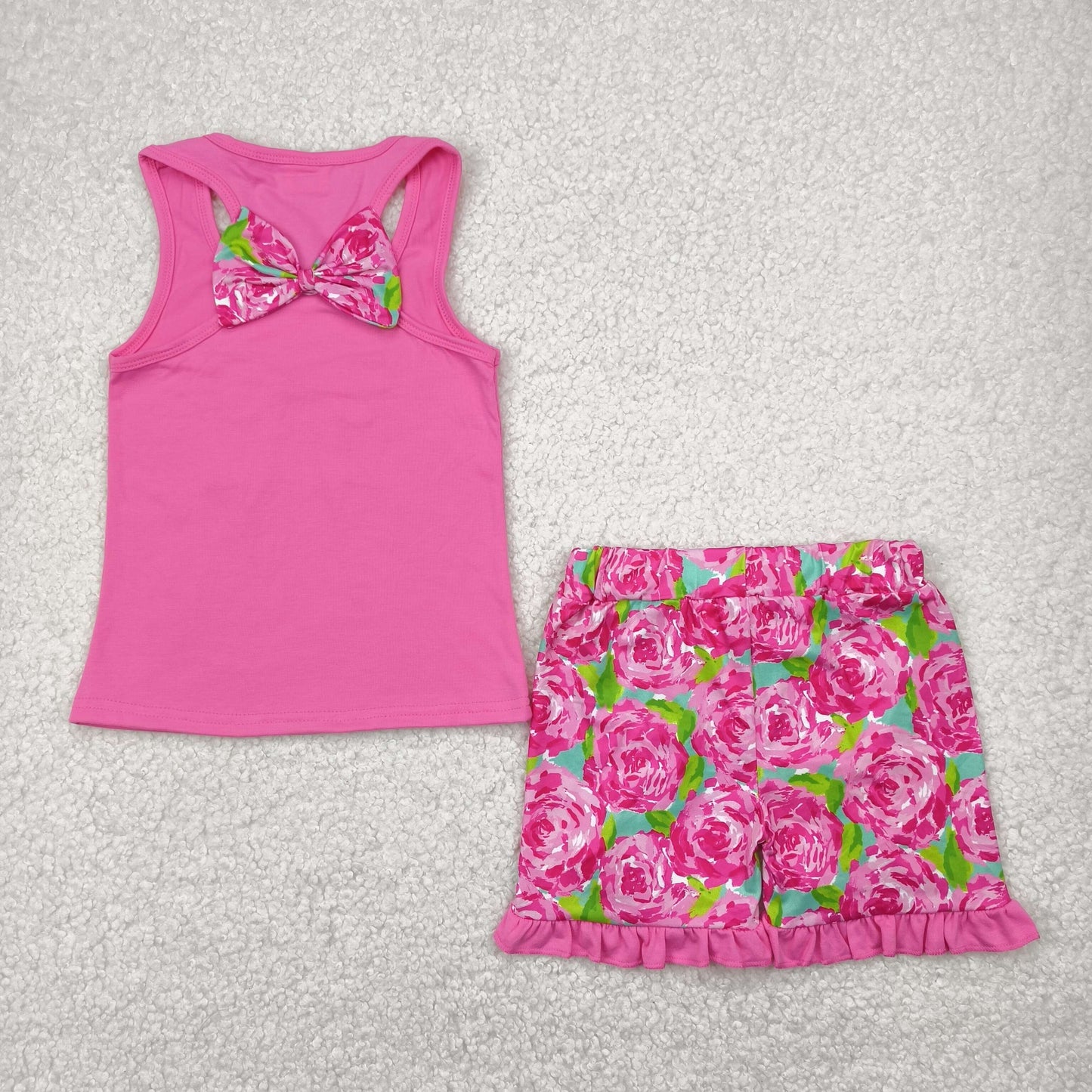 RTS NO MOQ GSSO1605 Embroidered flower leaf bow rose red vest shorts set