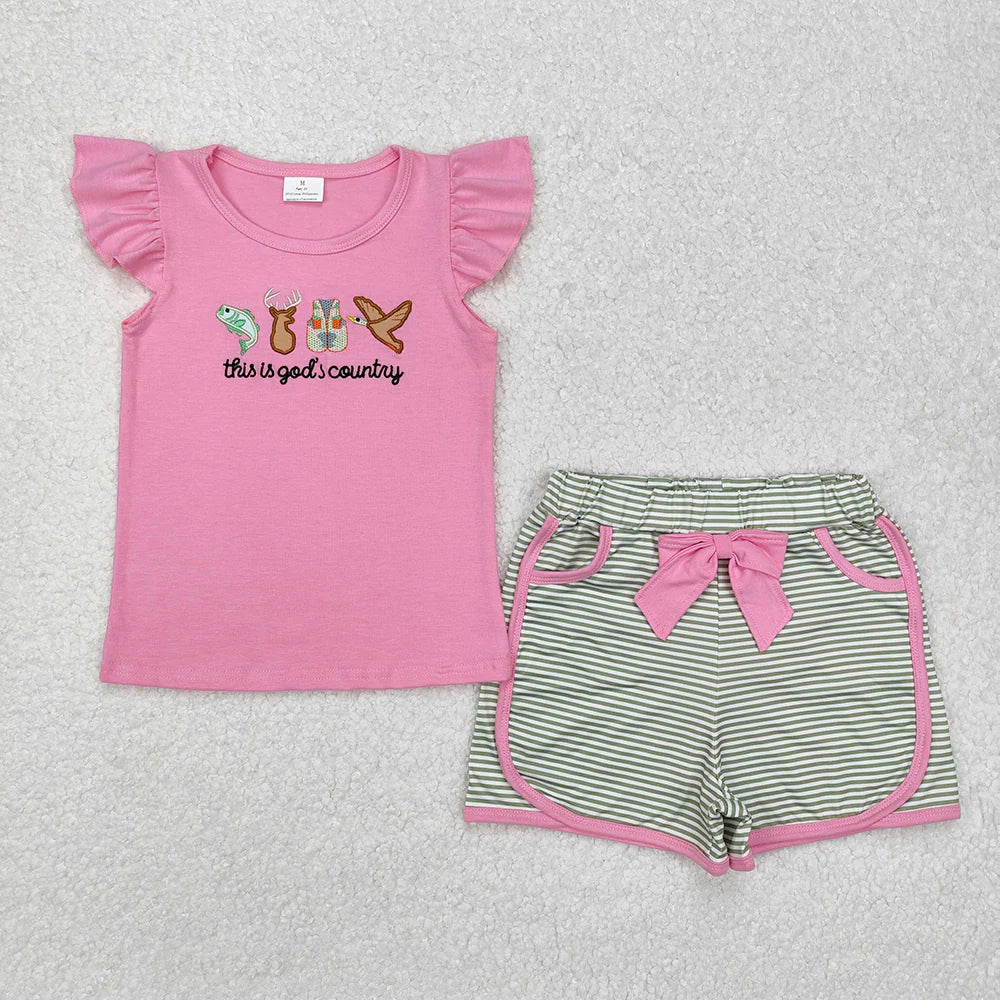Best Sell RTS Baby Girls Pink Hunting Flutter Sleeve Shirt Bow Shorts Outfit Set Cute Toddler Clothing Combo