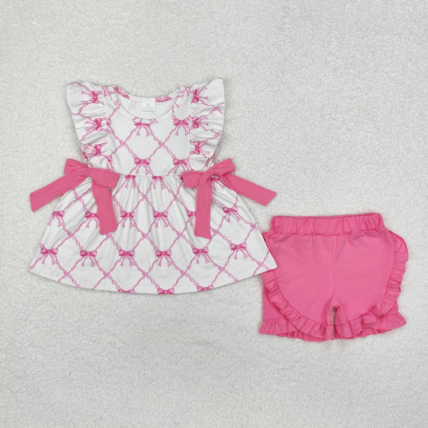 RTS NO MOQ Bow Pink short-sleeved shorts suit & and romper