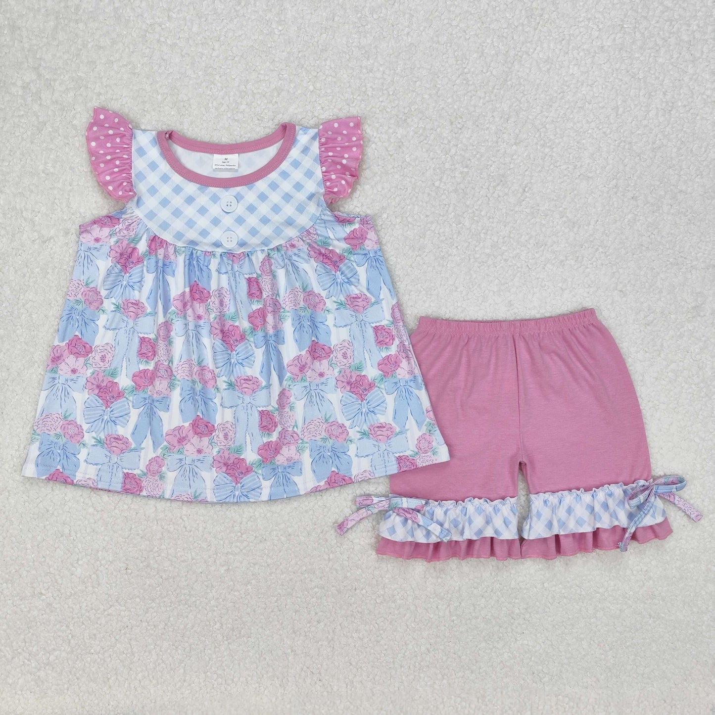RTS NO MOQ ETA 5/7days Arrived GSSO1642 Flower Leaf Bow Pattern Blue Plaid Polka Dot Flying Sleeves Shorts Set