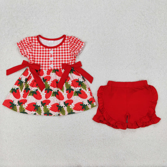 RTS NO MOQ ETA 5/7days Arrived GSSO1648 Strawberry Flower Leaf Red Plaid Short Sleeve Shorts Set