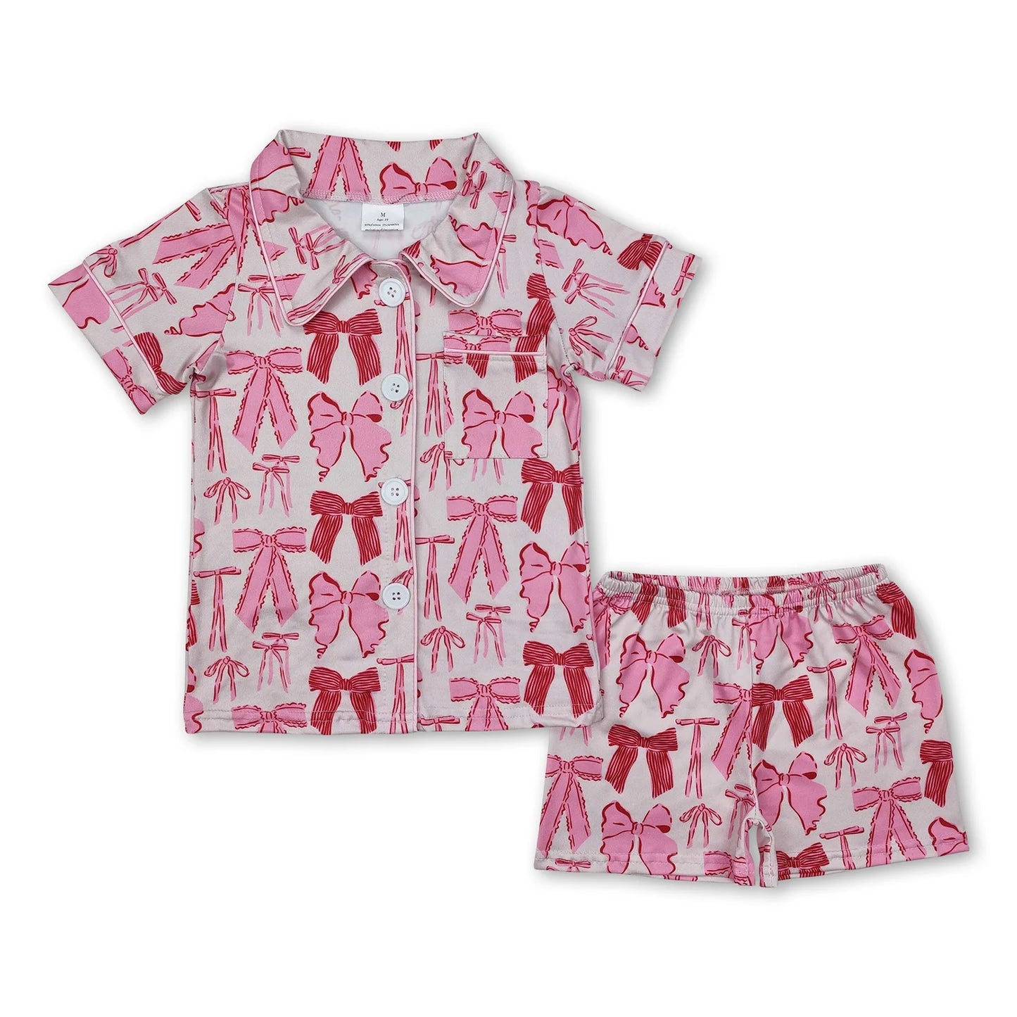 RTS NO MOQ Sibling milk silk Baby Girls Colorful Bow Button Pocket Short Pajama Set