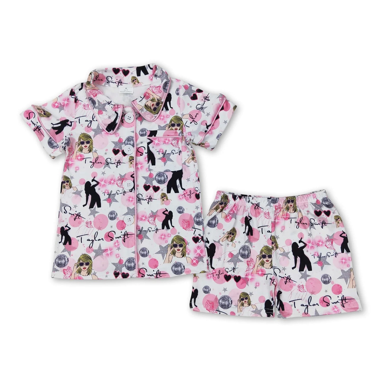 RTS NO MOQ Sibling milk silk Cute Clothes Baby Girls Pink Button Shirt Ruffle Shorts Pajama Set