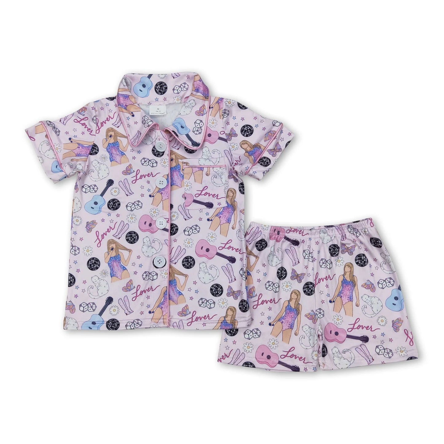 RTS NO MOQ Sibling milk silk Cute Clothes Baby Girls Pink Button Shirt Ruffle Shorts Pajama Set