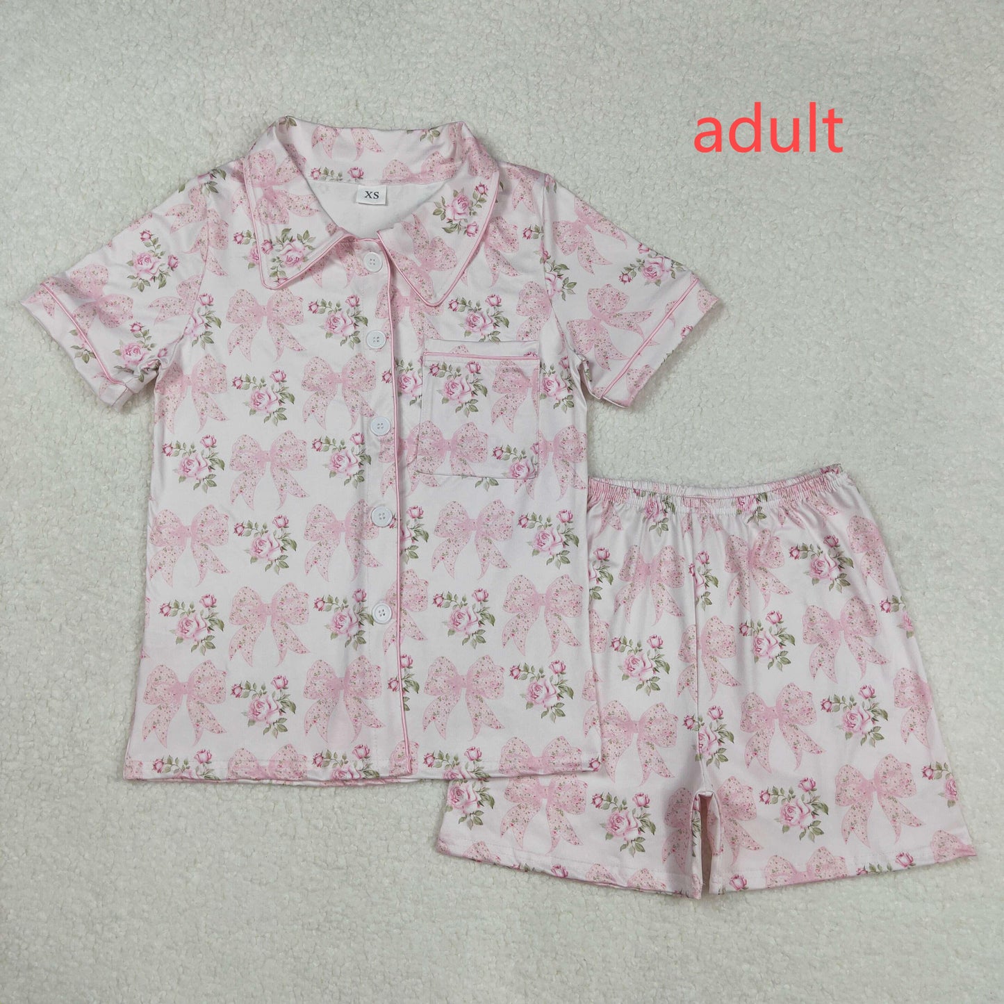 RTS NO MOQ ETA 5/7days arrived GSSO1779 Adult female pink short-sleeved shorts and pajama set with floral flower leaves and bow pattern