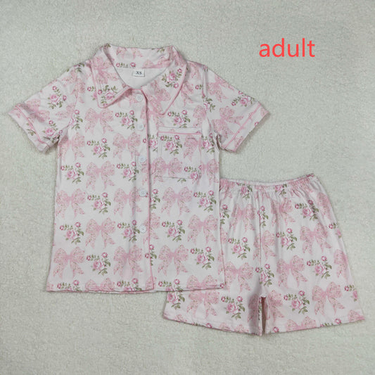 RTS NO MOQ ETA 5/7days arrived GSSO1779 Adult female pink short-sleeved shorts and pajama set with floral flower leaves and bow pattern