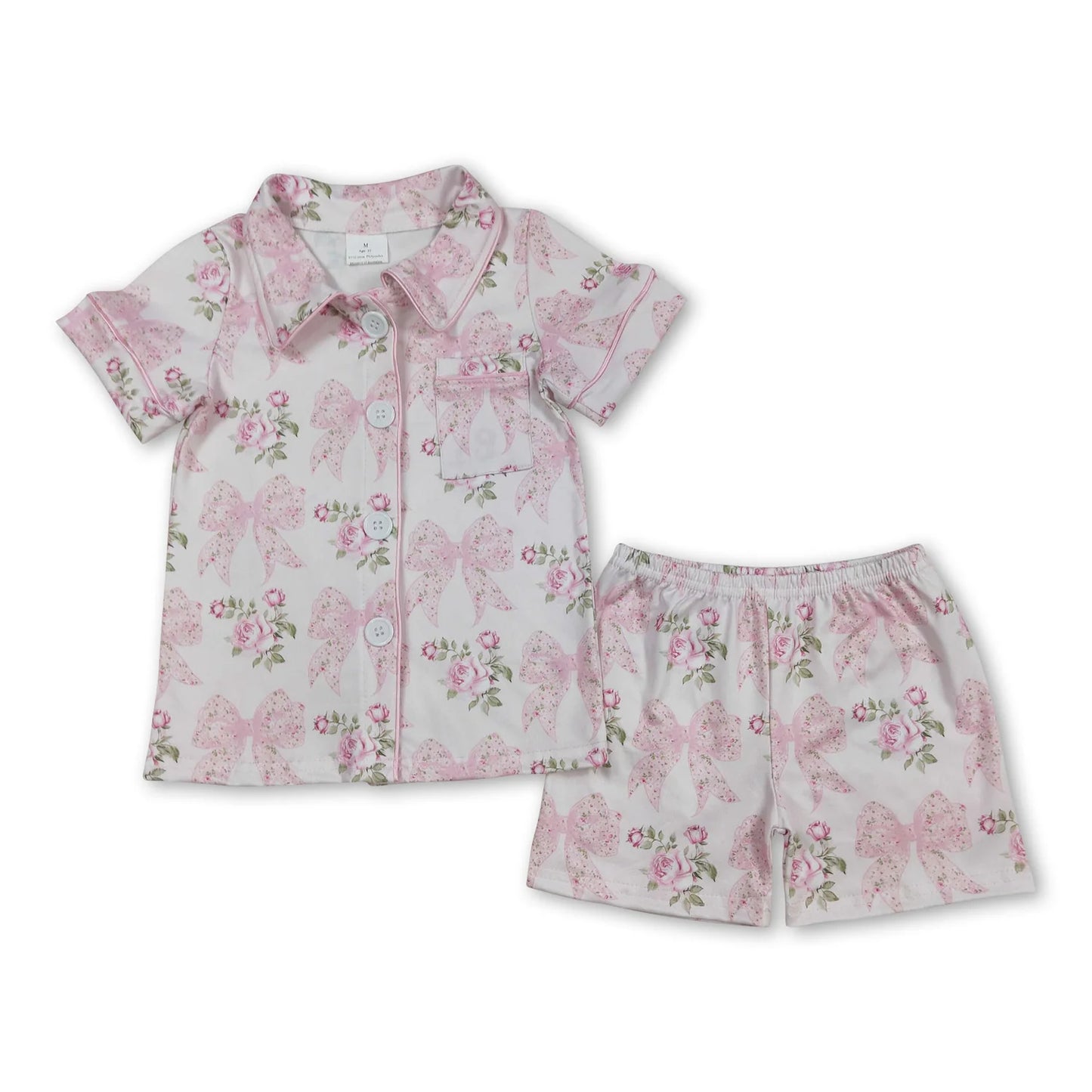 RTS NO MOQ Sibling milk silk Baby Girls Colorful Bow Button Pocket Short Pajama Set