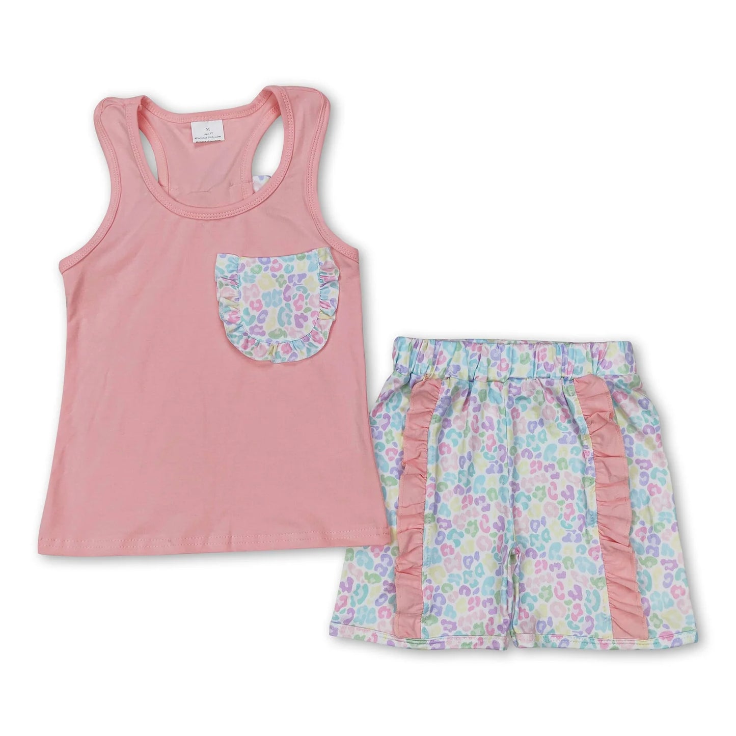 RTS NO MOQ Sibling milk silk Baby Girls Pocket Bow Vest Ruffle Leopard Shorts Clothes Set