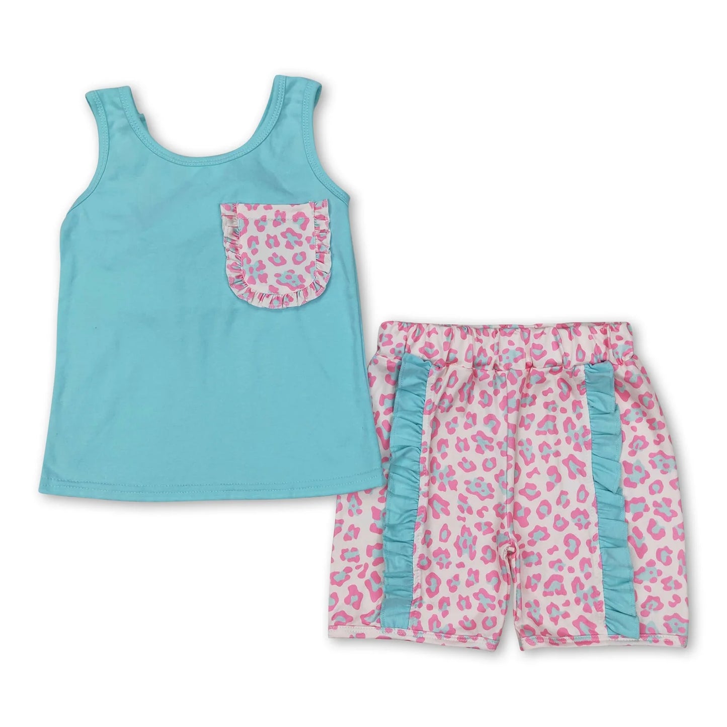 RTS NO MOQ Sibling milk silk Baby Girls Pocket Bow Vest Ruffle Leopard Shorts Clothes Set