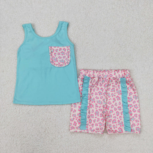 RTS NO MOQ ETA 5/7days Arrived GSSO1784 Pink leopard print bow blue-green vest shorts set