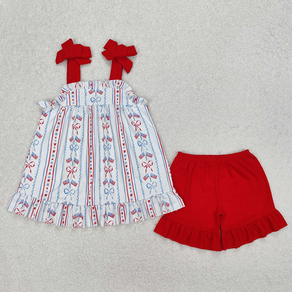 RTS NO MOQ Sibling Baby Girls 4th of July Outfit Set with Red Blue Flowers Flags Top And Short Pockets Casual Clothing for Baby Girls