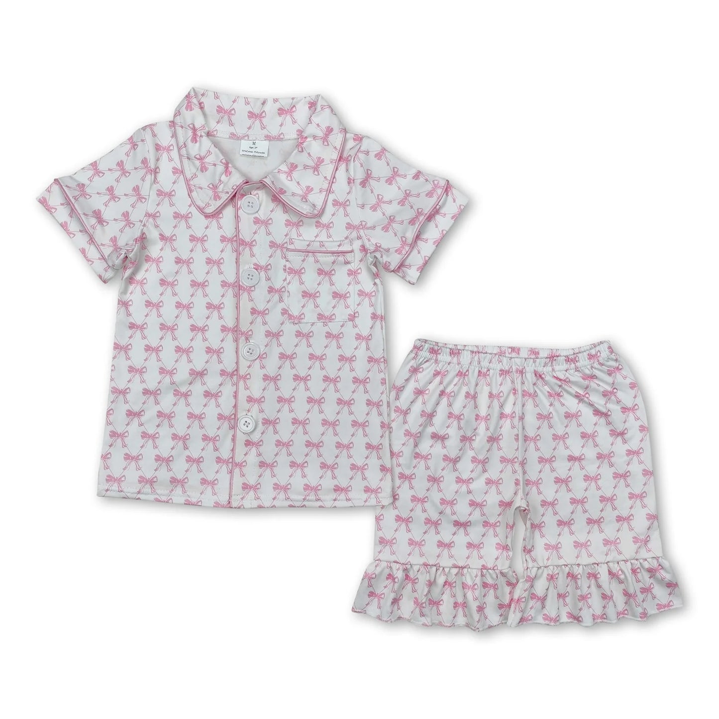 RTS NO MOQ Sibling milk silk Baby Girls Colorful Bow Button Pocket Short Pajama Set