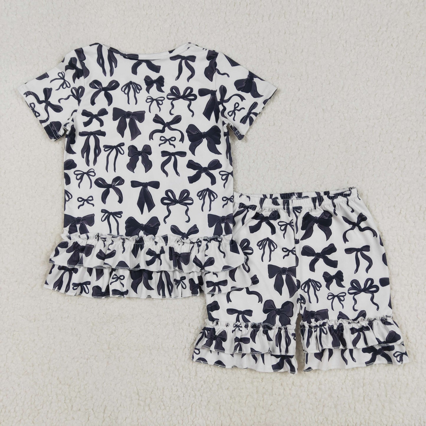 RTS NO MOQ（In Stock) Black short-sleeved shorts set with bow pattern