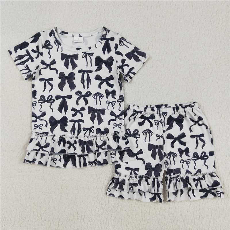 RTS NO MOQ Girls Boys bow short sleeve shorts sets and jumpsuit Clothes